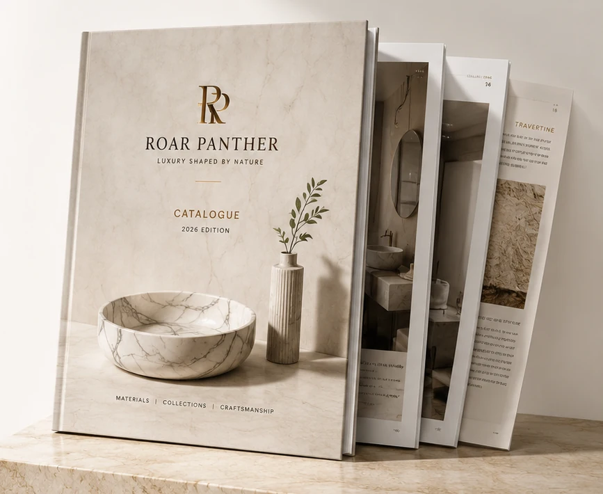 ROQVERA luxury natural-stone catalogue displayed with several open preview pages