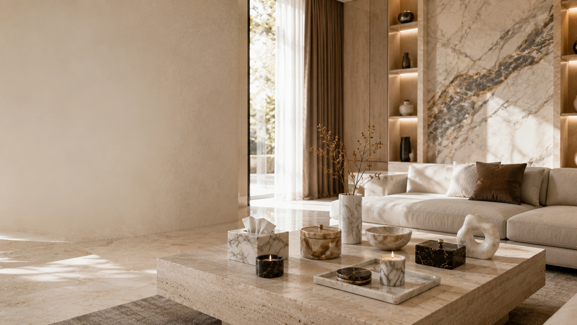 Bright ROQVERA living space featuring natural stone furniture and decor