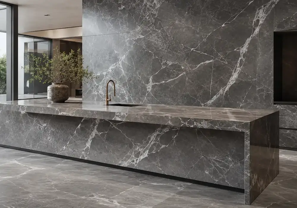 Afghan White marble price view with white, grey and blue, clouded movement and mineral patches, and balanced mineral detail.