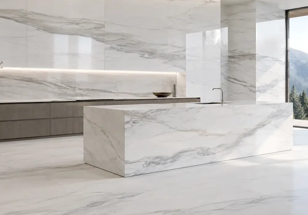 Afyon Sugar Marble console tabletop in a premium stone showroom with upright slabs and refined interior finishes
