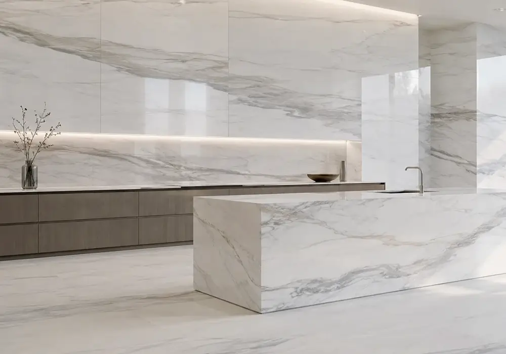 Milky Afyon Sugar Marble glows with fine crystals and soft warm-gold threads, highlighting Afyonkarahisar quarry origin.