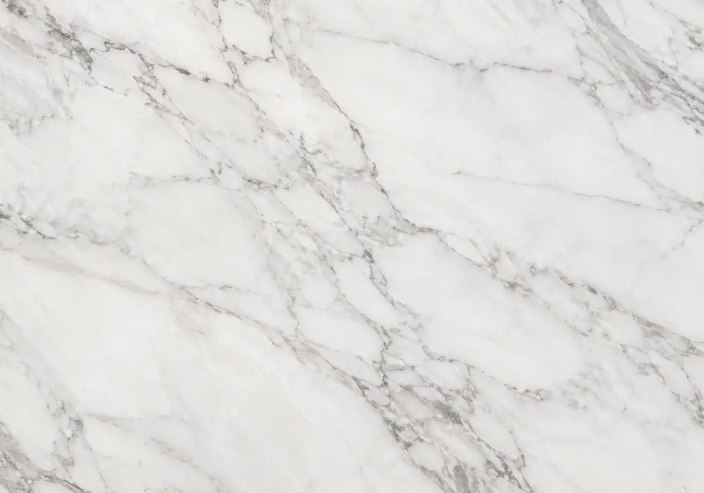 Arabescato Corchia marble foyer statement wall with bright white stone and dramatic grey-blue arabesque veining.