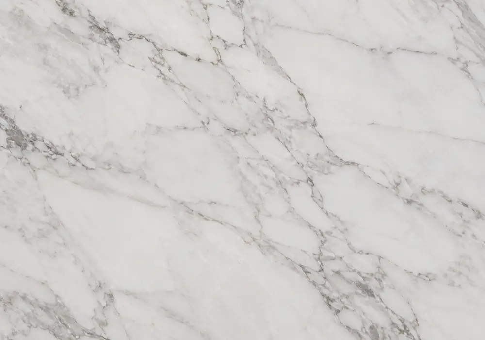 Folded gold and burgundy ribbons animate Arabescato Orobico Marble, revealing authentic Camerata Cornello stone character.