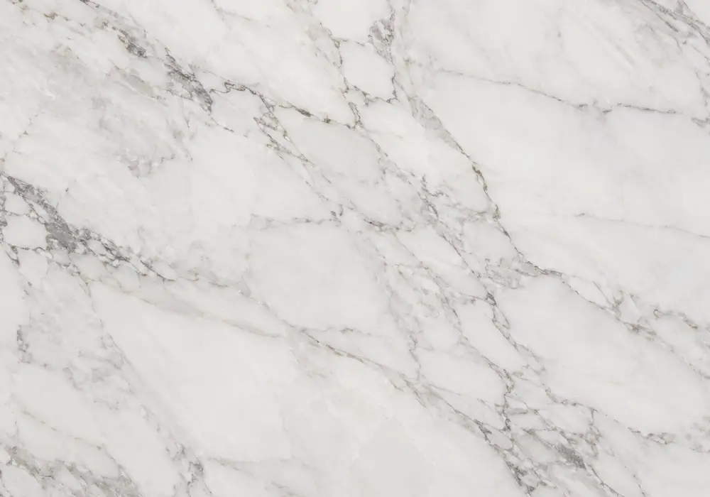 Graphic Arabescato Vagli slab with white islands, looping graphite veins, green-grey details and fine reticulated breccia.