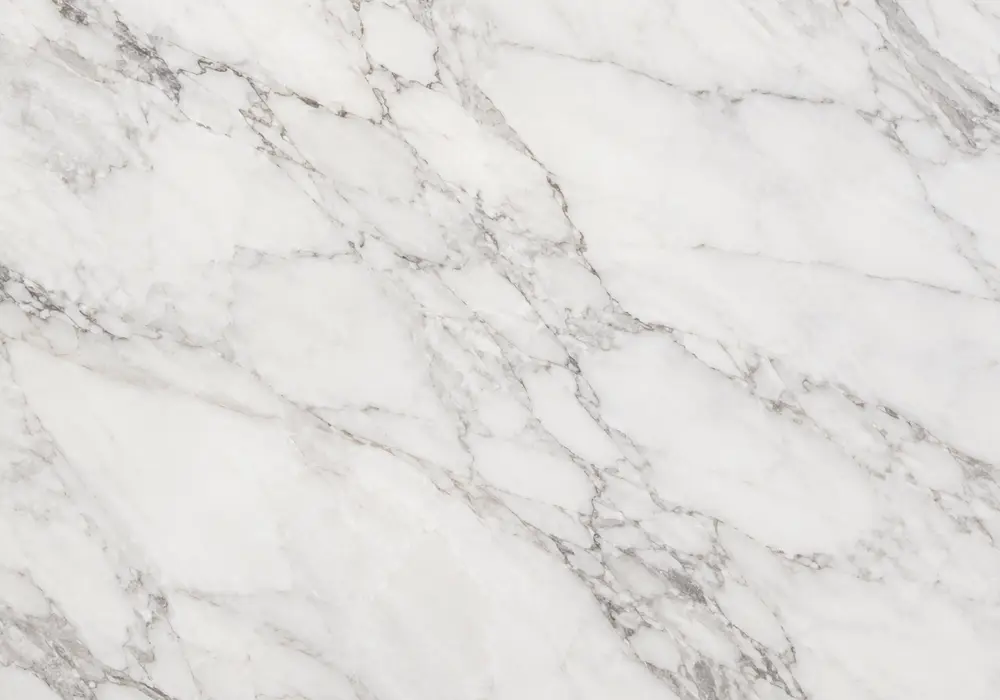 Greek white marble polished island and bathroom wall with honed floor, vanity and slabs from uniform to stronger veining