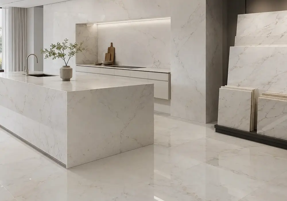 Aristona White marble bookmatched wall panel with bright white stone and restrained soft grey natural movement.