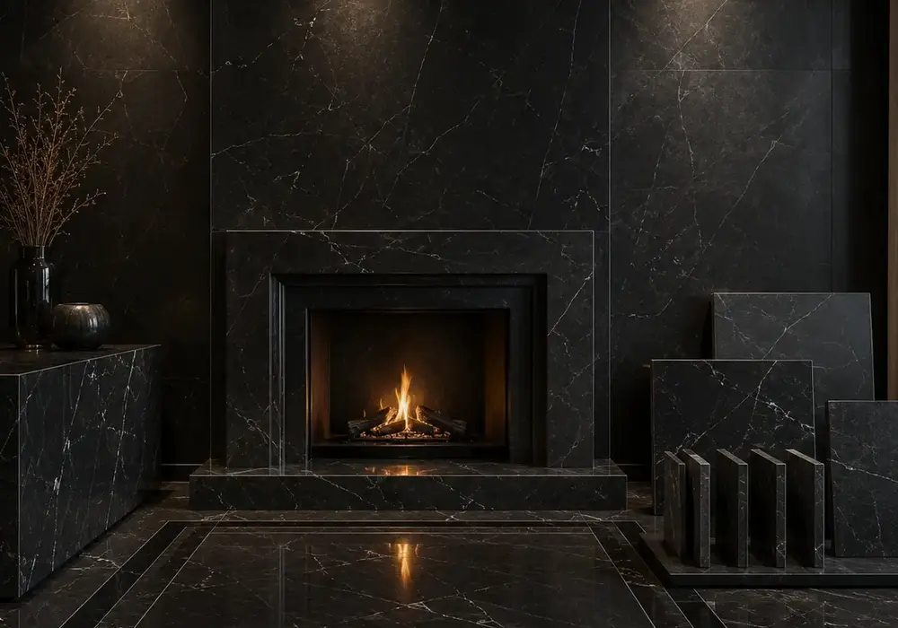 Belgium Black marble dramatic reception wall with deep black stone, subtle fossil character and refined pale detailing.