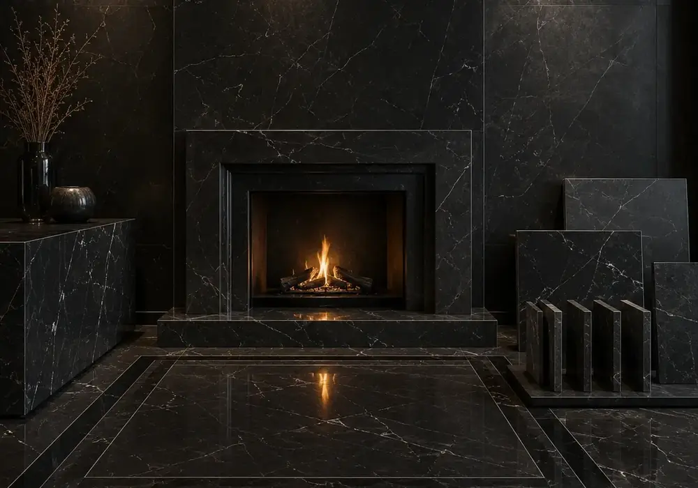 Belgium Black slabs in a formal luxury interior, showing deep black polish, subtle fossils and refined architectural detail.