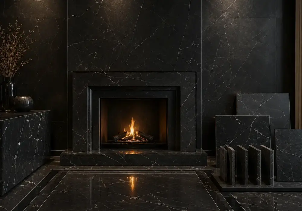 Noir Belge restoration showing a polished historic fireplace and honed velvet-black sample with tiny fossils and pale specks.