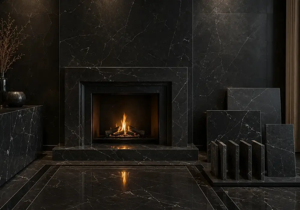 Belgium Black marble price slab image with black and white, fossil details and mineral specks, with softly reflective depth.
