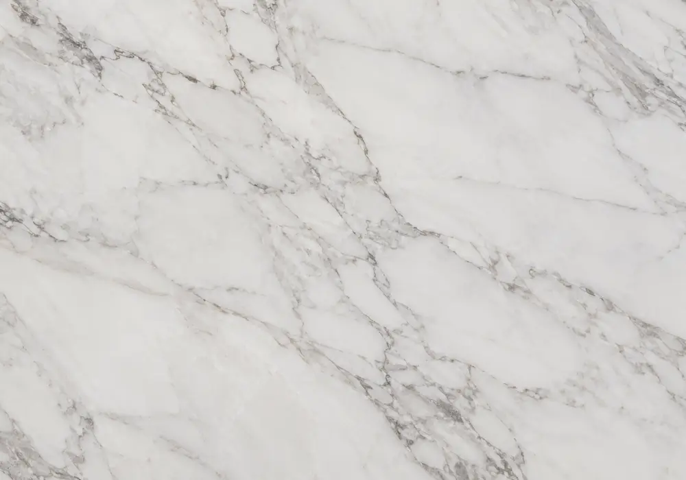 Bianco Carrara Marble polished and honed showroom display with full slabs, finish samples and refined applications