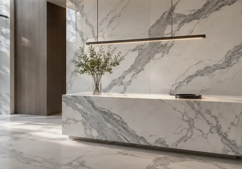 Bianco Dolomite marble elegant console tabletop with crisp white stone and delicate silver-grey veining