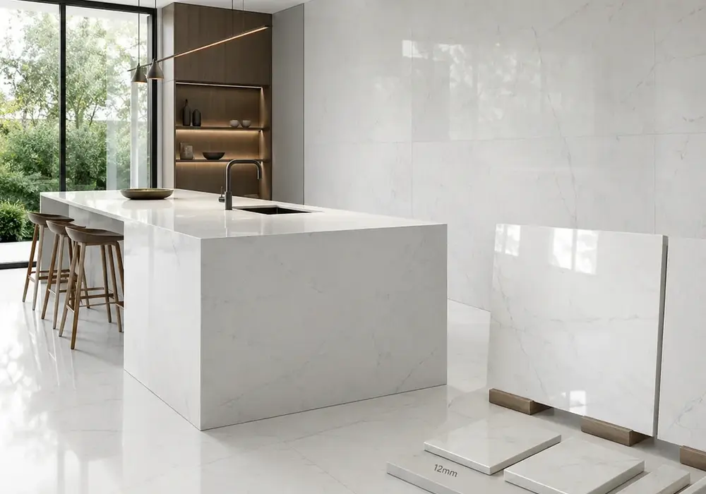 Turkish dolomite marble featured in a high-end kitchen, showing natural mineral detail and refined architectural character.