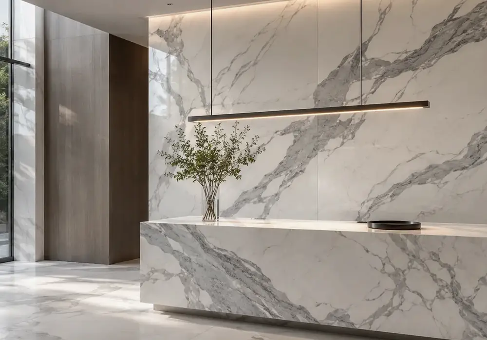 Bianco Dolomite marble price image featuring white and grey, flowing waves and natural veining, with softly reflective depth.