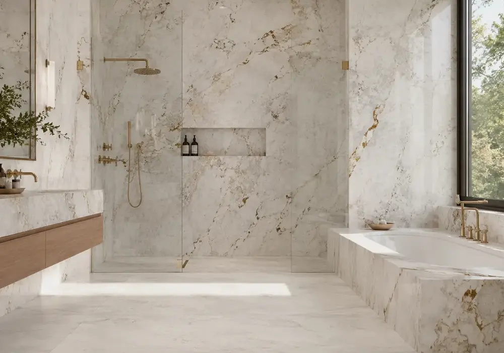 Bianco Ibiza slabs arranged for a luxury countertop with continuous delicate grey veining across seams