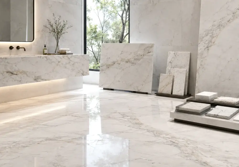 Bianco ibiza vs carrara comparison with polished island, wall panels, honed bathroom floor, vanity and cooler Carrara slab
