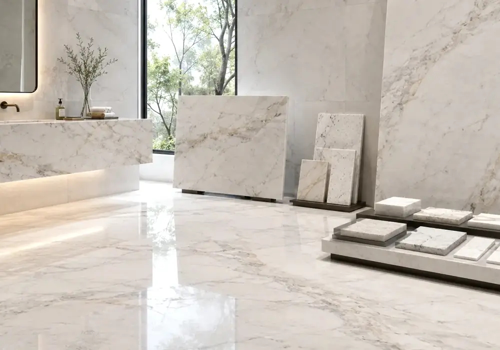 Compare bianco ibiza marble price through a white slab with rhythmic grey veins, cloud shadows and rare blue-grey seams.