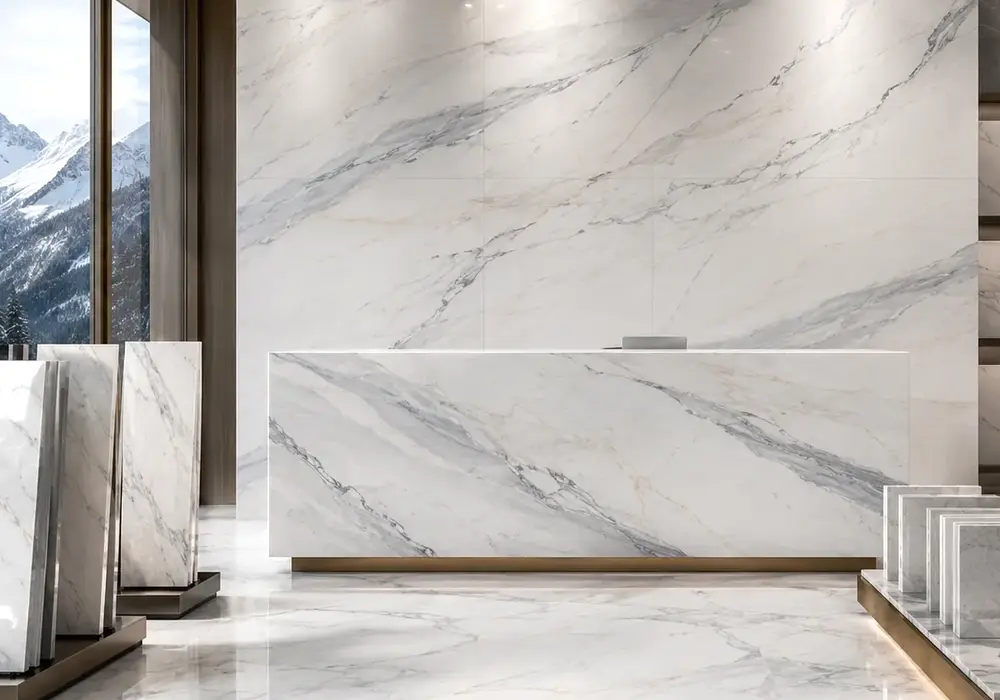 Bianco Lasa Marble reception feature wall in a premium stone showroom with upright slabs and refined finishes