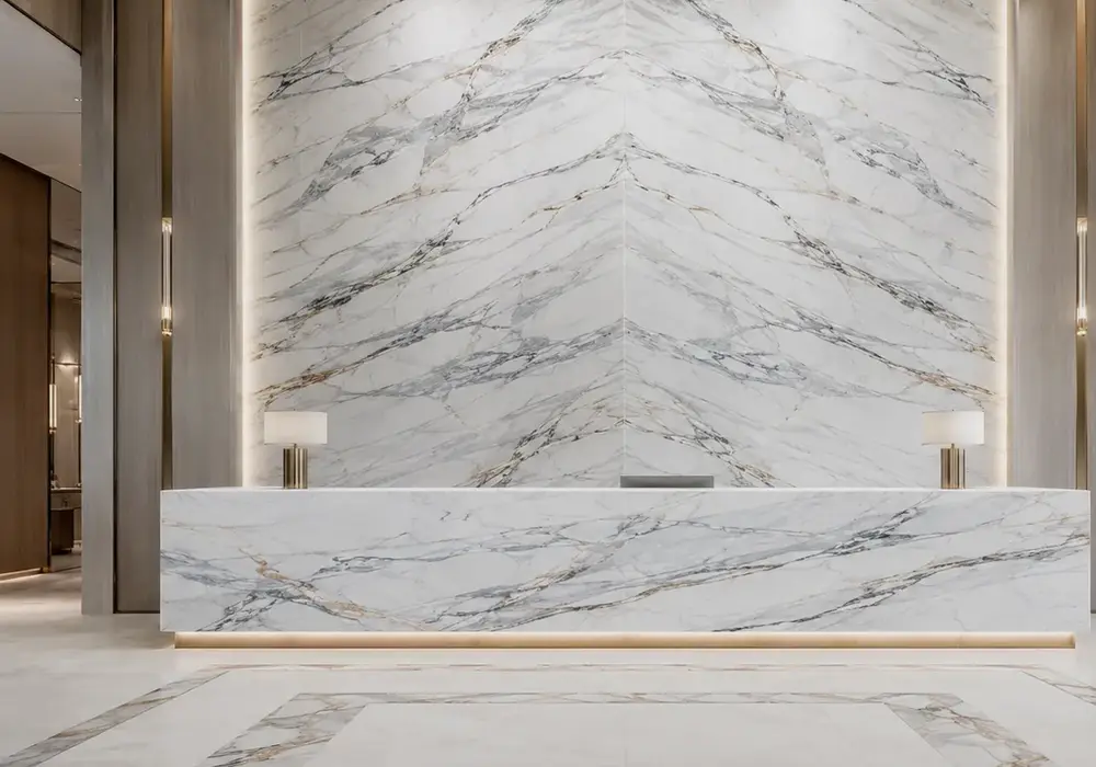 Luminous Bianco Lasa Marble carries fine restrained grey and golden streaks, reflecting premium South Tyrol marble origin.