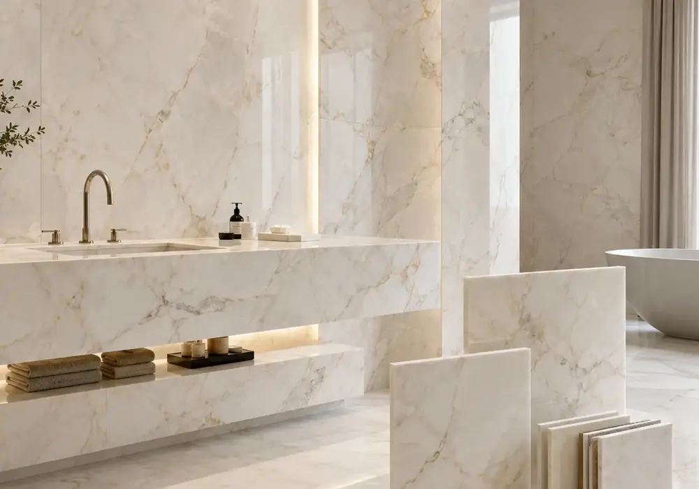 Bianco Rhino Marble console tabletop displayed in a luxury material gallery with full slabs and elegant wall finishes
