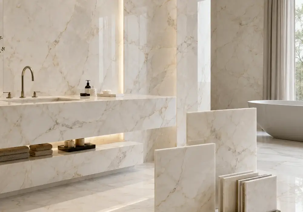 soft gold veining across a creamy feature wall and vanity with honed flooring, crystalline clouds and natural fine fissures.