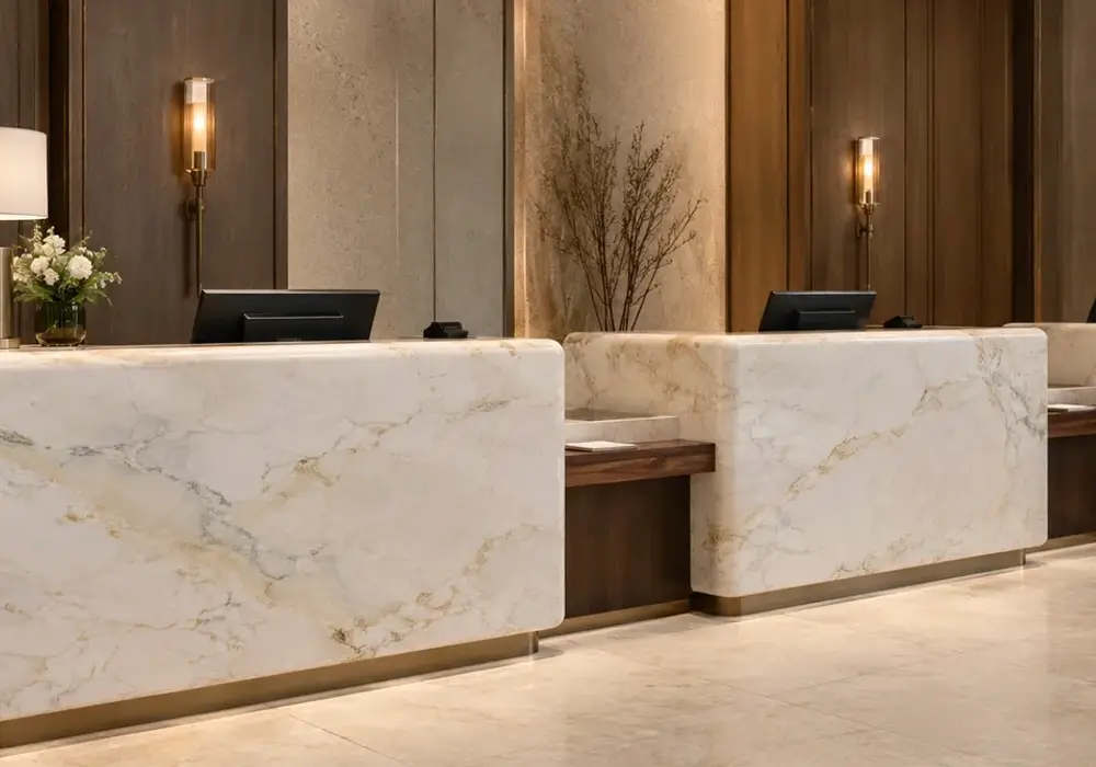 Bianco Namibia in a luxury kitchen, showing natural mineral movement, polished stone depth and soft architectural lighting.