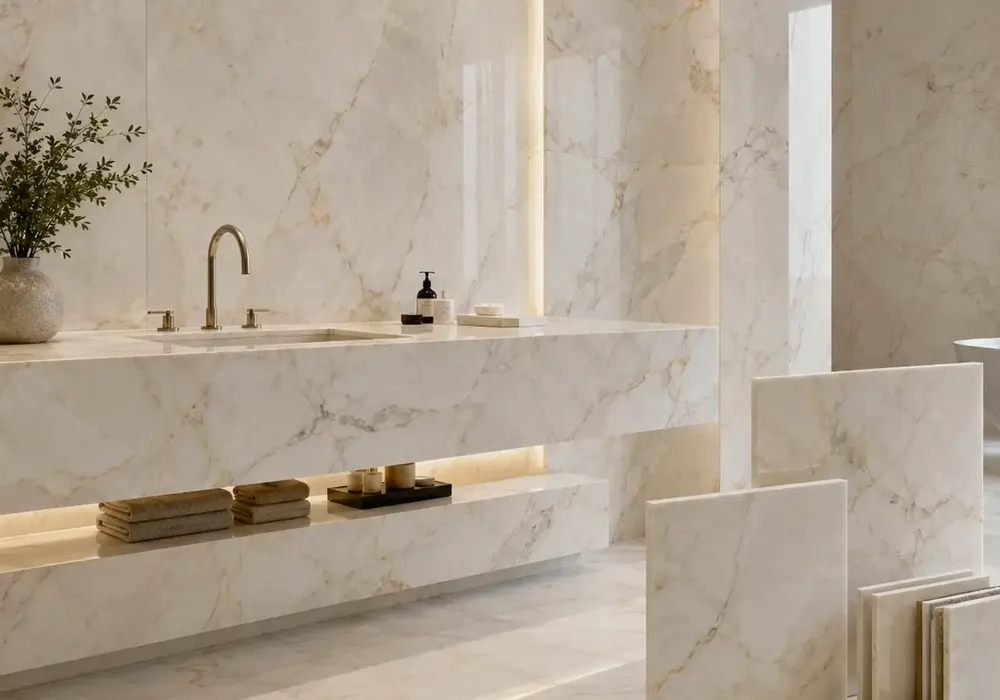 Creamy Bianco Rhino Marble flows with taupe, gold and violet shadows, showcasing luminous Namibia white marble character.
