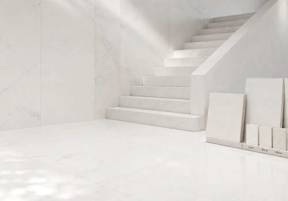 Bianco Sivec marble elegant reception cladding with pure crystalline white stone and minimal soft silver-grey veining.
