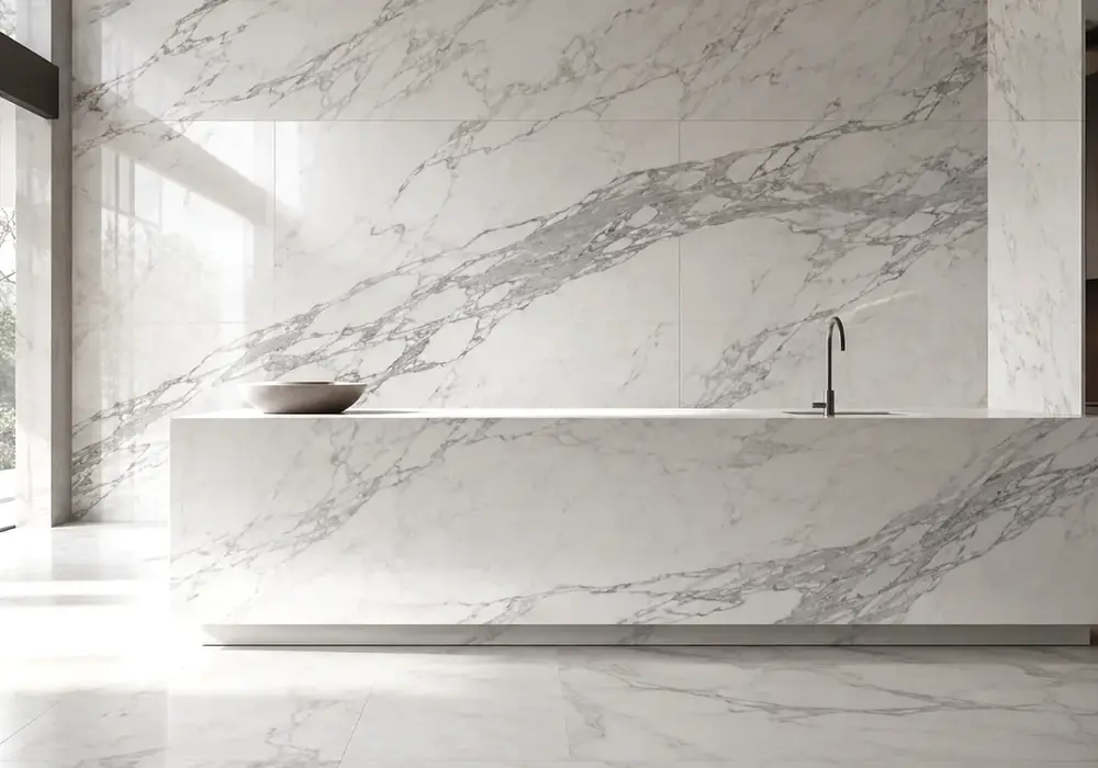 Bianco Sivec slabs from nearly veinless white to light grey-threaded grades shown polished and honed with UAE tile stock
