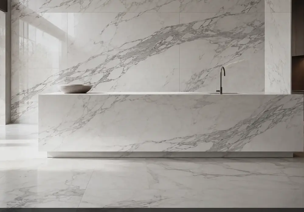 Pure Sivec White marble slab with crystalline grain, faint silver threads, tiny mineral dots and an ethereal polished sheen.