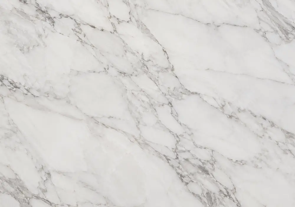 Bianco Spider UAE on polished kitchen island and vanity with honed floor, showing branching grey-black veins on white stone.