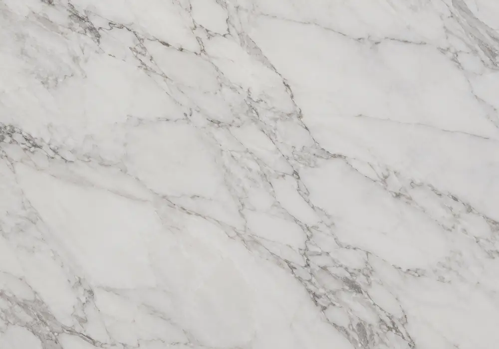 Intricate Bianco Spider marble slab with bright white ground, charcoal webbing, warm brown accents and natural fissures.