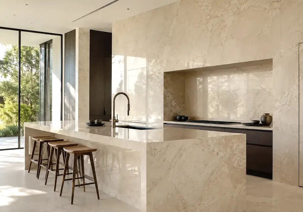 white veined marble UAE on polished countertop, vanity and wall panel with bright field and flowing medium-spaced grey veins.