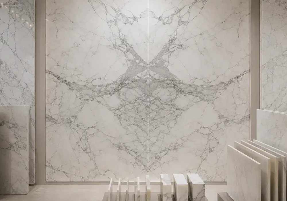 Bianco Venatino marble in polished white and grey stone with branching veins and natural veining, and controlled reflections.