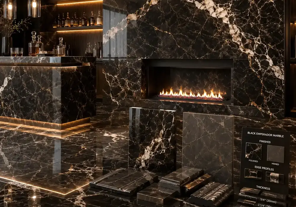 Black Emprador Marble featuring deep black luxury stone, cream webbing, warm beige-gold veins and a rich polished finish.