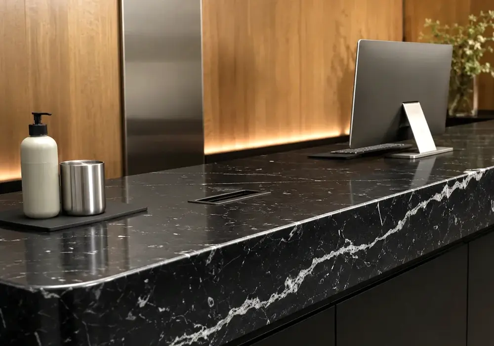 bold-veined black marble on a polished vanity, basin and shower walls with a honed dark floor and sharp white calcite veins.
