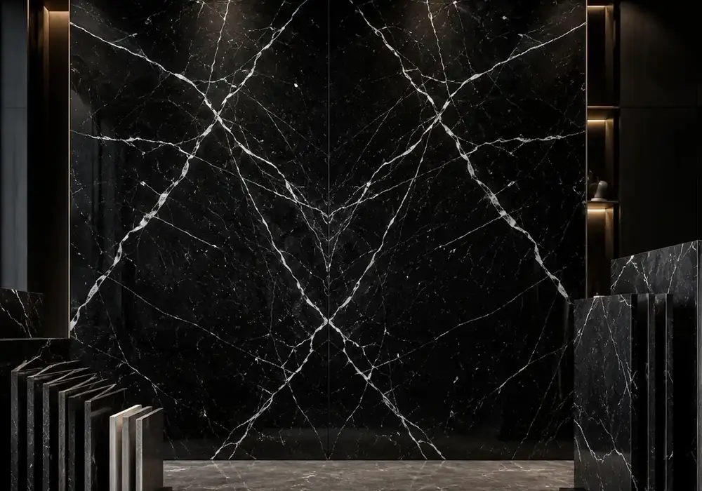 near-black background in a luxury powder room, showing natural veining, natural stone depth and balanced interior lighting.