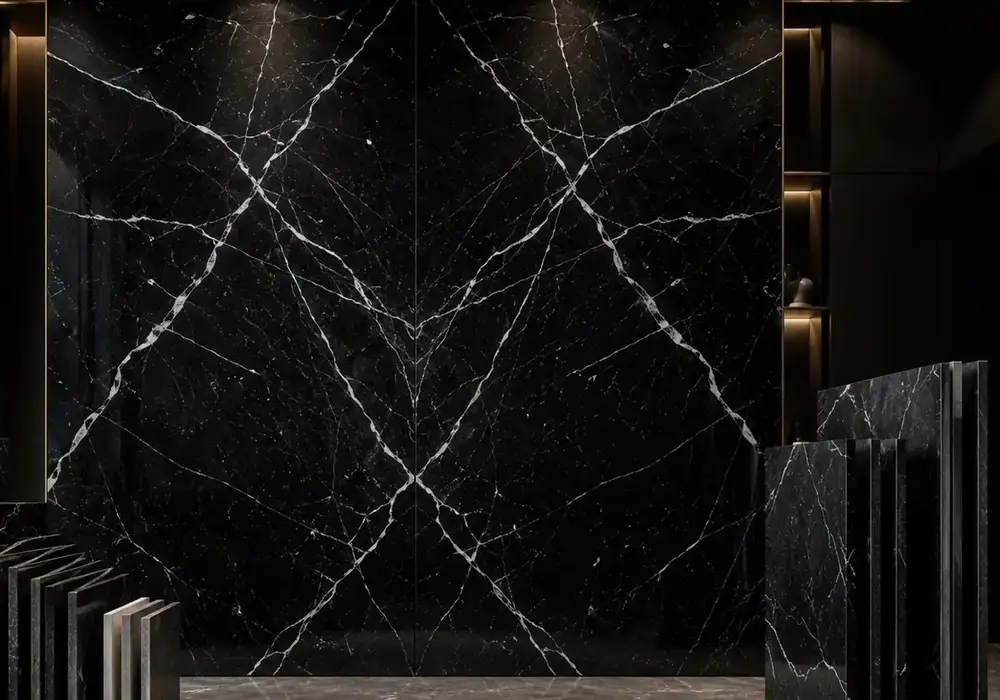 Black Marquina Marble slab gallery display with large upright panels, architectural applications and soft luxury lighting