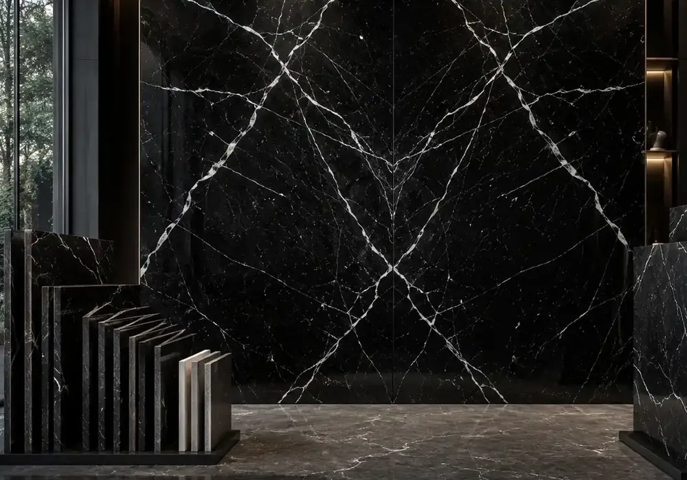 Jet-black Black Marquina Marble with crisp white calcite fractures, highlighting authentic Basque Country marble origin.
