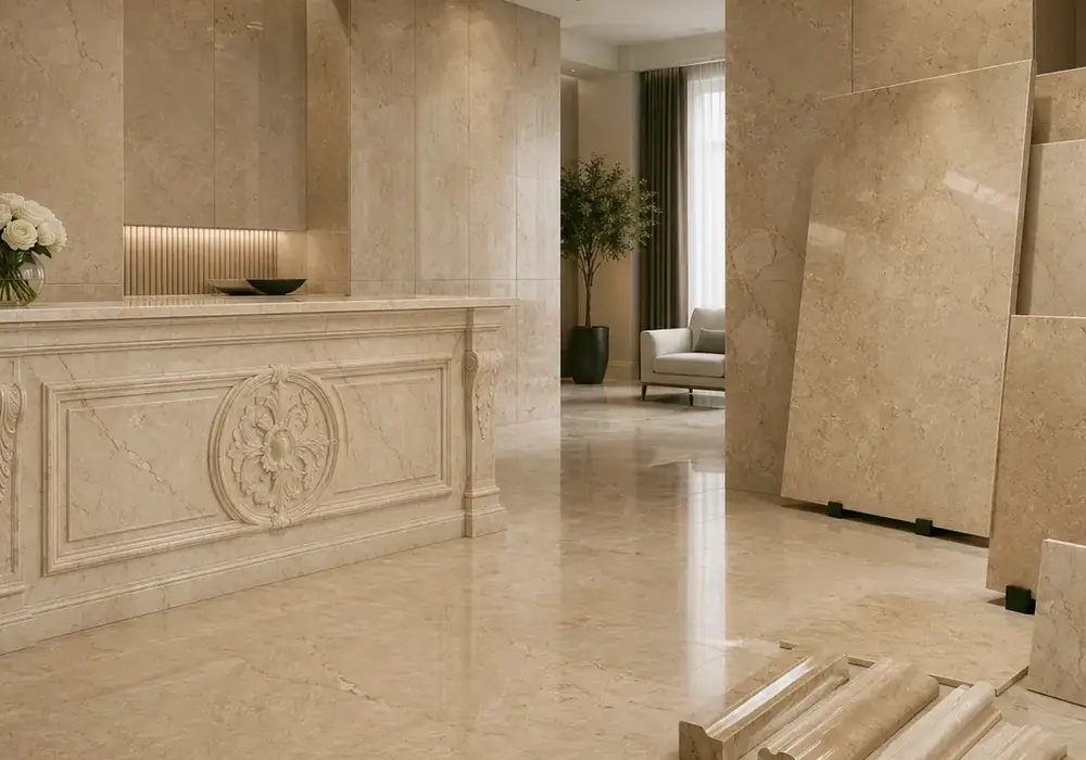 Botticino Classico marble reception wall cladding with warm beige stone, fine brown veins and subtle fossil markings.