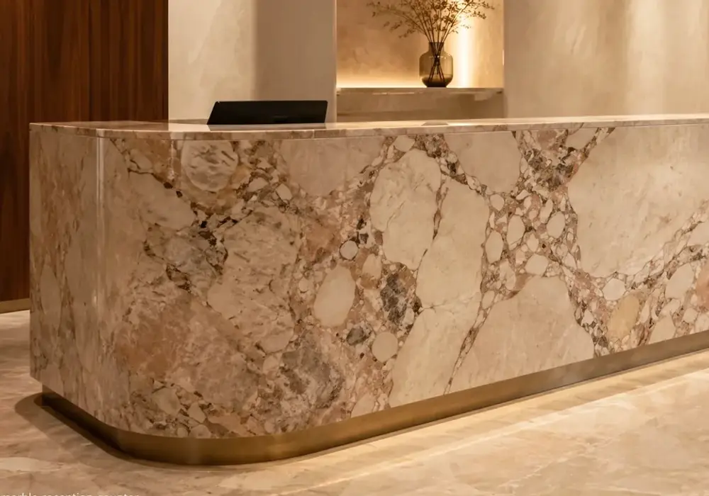 white crystalline veining in a boutique hotel powder room, with natural veining, true stone texture and architectural detail.