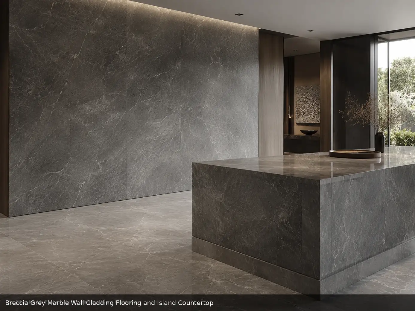 high movement monochrome surface across wall cladding, floor and island countertop, with realistic veining and soft daylight.