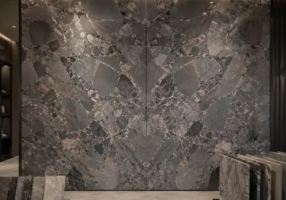 Breccia Grey marble price image featuring grey and white, clouded movement and mineral islands, across the polished surface.