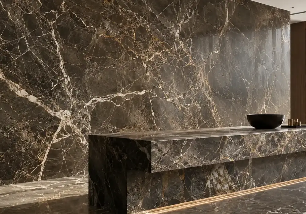 multicolor breccia marble on statement wall and island with bold terracotta, gold, cream and brown angular stone fragments.