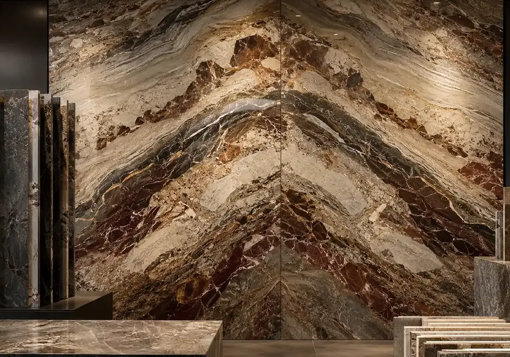 Vivid Breche Fantastique marble slab with terracotta, gold and cream fragments, fossil clouds and dramatic brecciated seams.