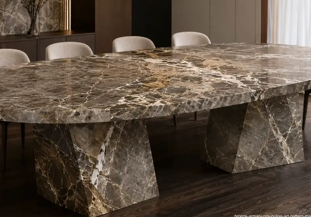 Bronze Armani marble executive console table with smoky bronze-brown stone and elegant cream and gold linear veining.