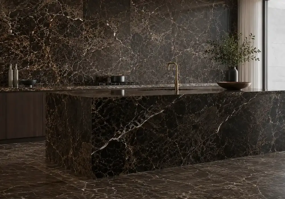 Bronze Armani flooring with a honed smoky-bronze floor, polished wall panel and leathered sample in a refined UAE interior.