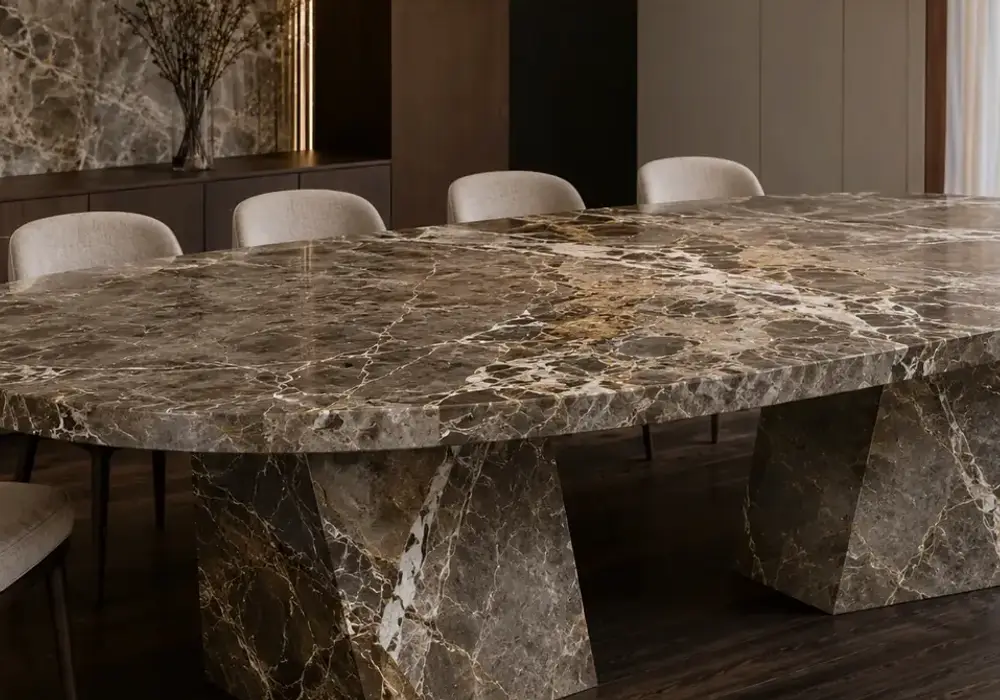 Elegant Bronze Armani marble price slab with smoky taupe-brown depth, cream threads, muted-gold lines and fine natural grain.