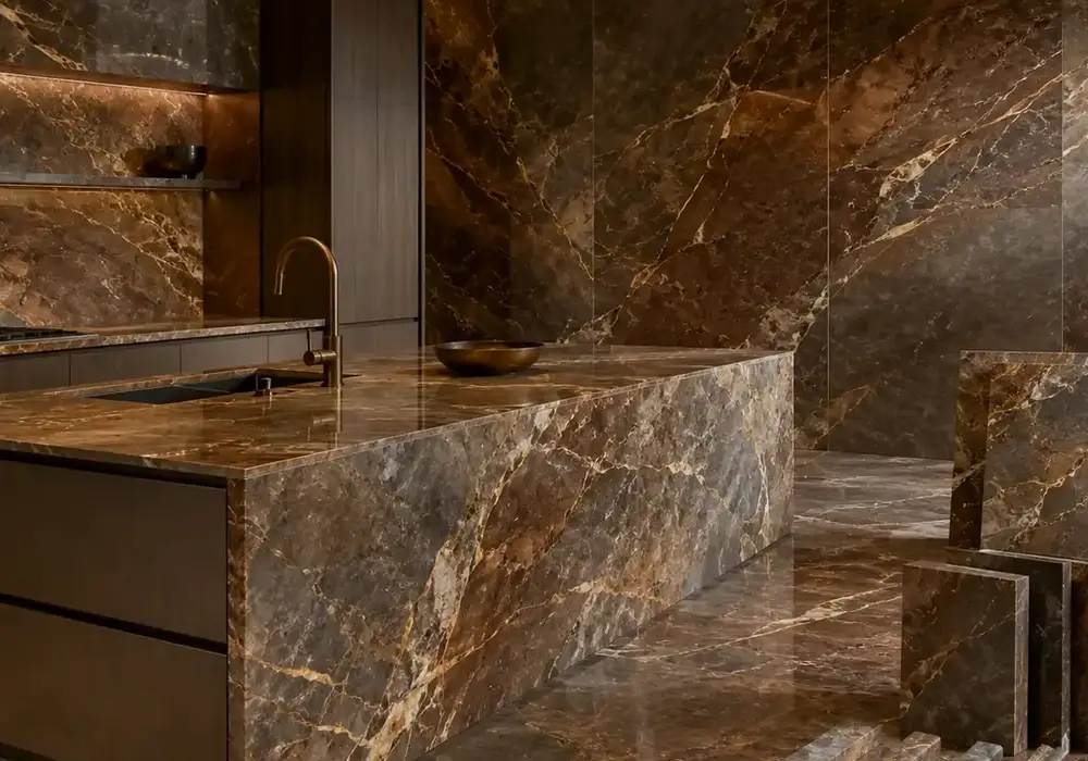 Bronzo Vita countertop on polished kitchen surface with feature wall and vanity, showing bronze stone with cream-gold veins.