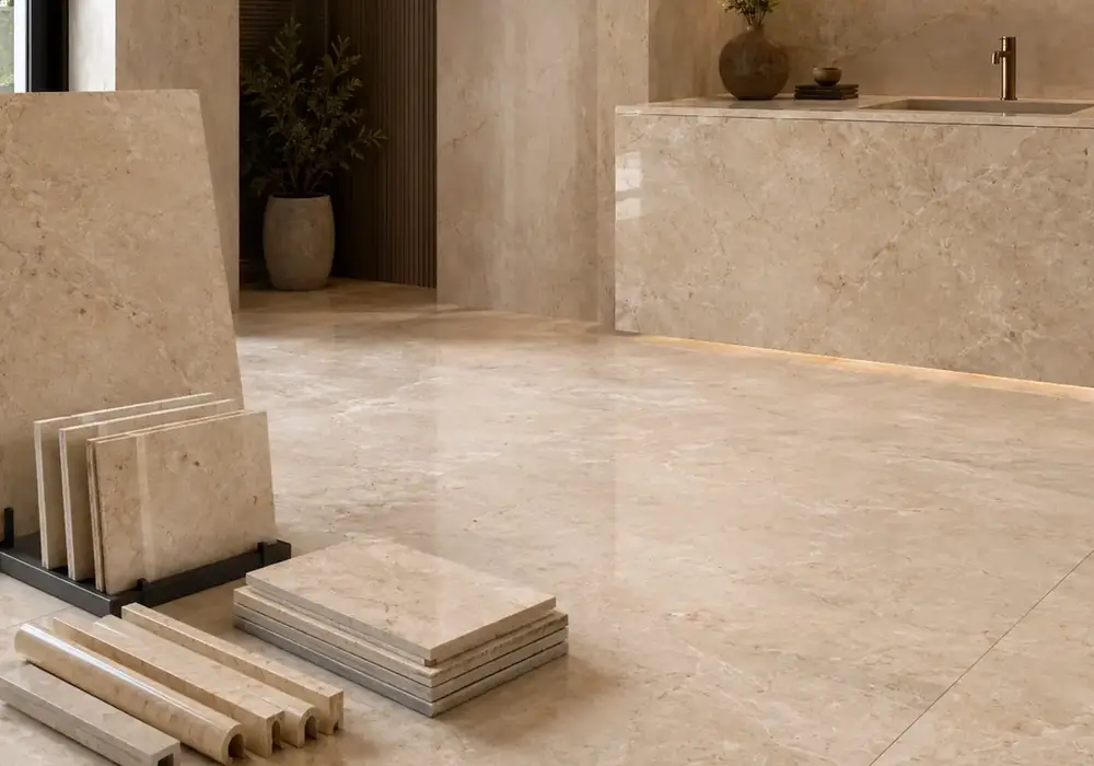 polished Burberry Beige slab shown with honed and brushed samples, thickness edges and sheltered exterior paving panels.